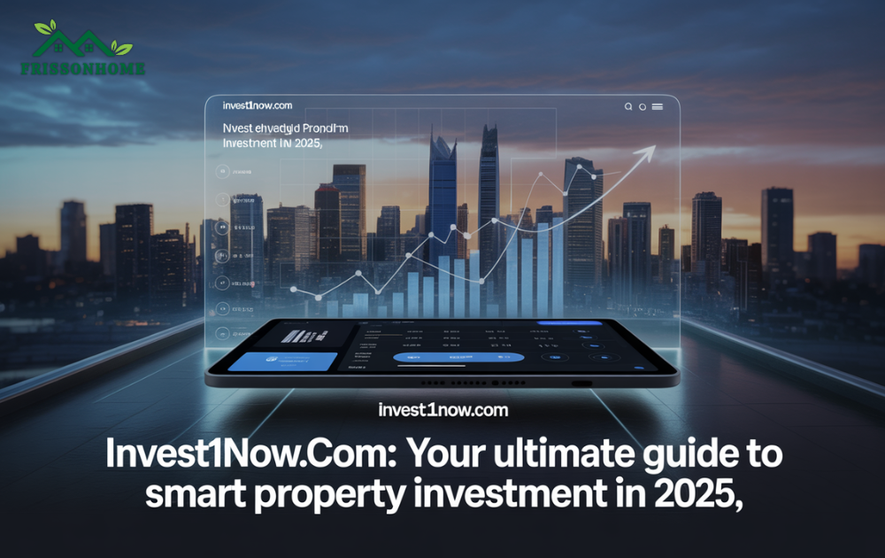 A sleek promotional graphic for Invest1now.com, displaying a city skyline with a futuristic tablet showing property investment data and trends for 2025.